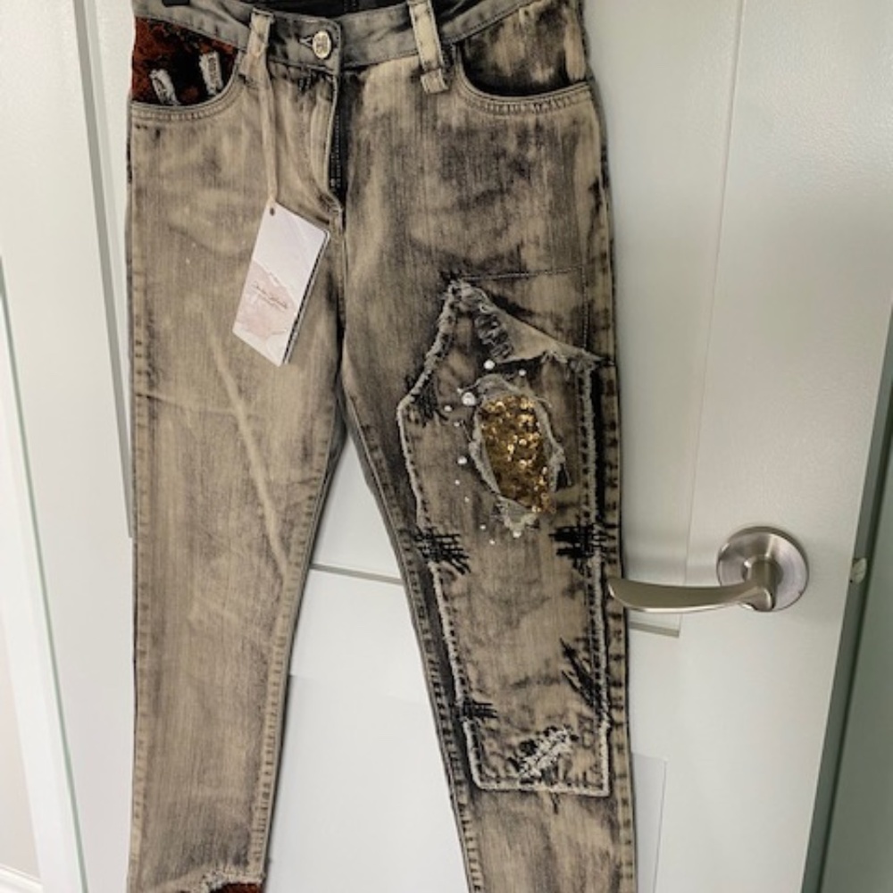 Elisa Cavaletti Daniela Dallavalle jeans W 26 gray beige crystals sequins patch